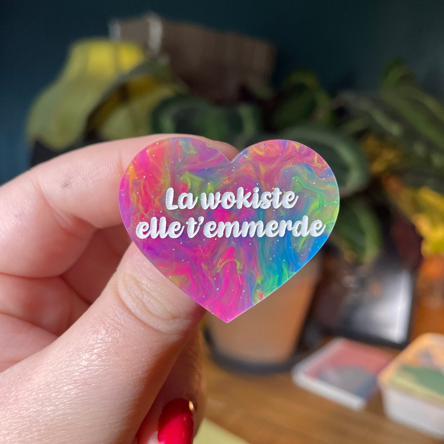 Broche "La wokiste elle t'emmerde" en acrylique semi transparente marbrée multicolore