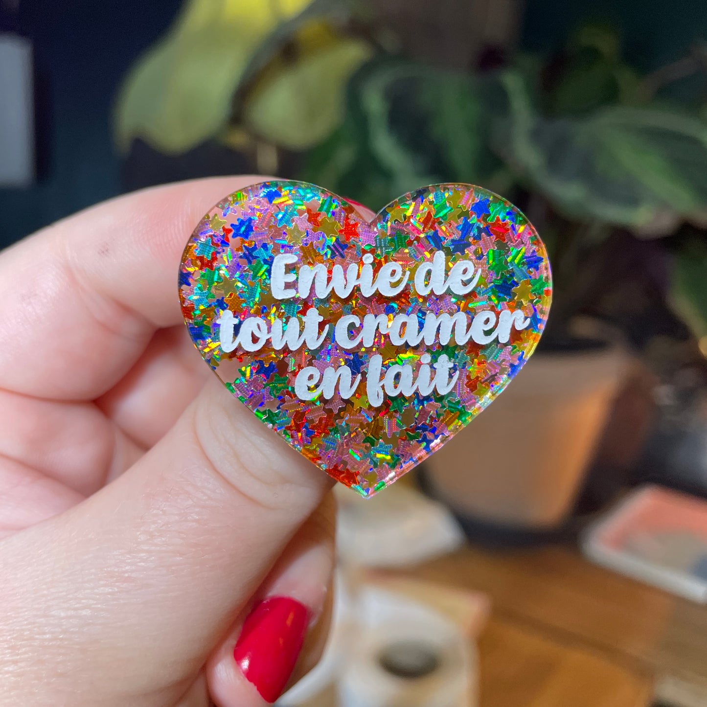 [Contrôle technique] Broche "Envie de tout cramer en fait" en acrylique semi transparente avec des étoiles multicolores