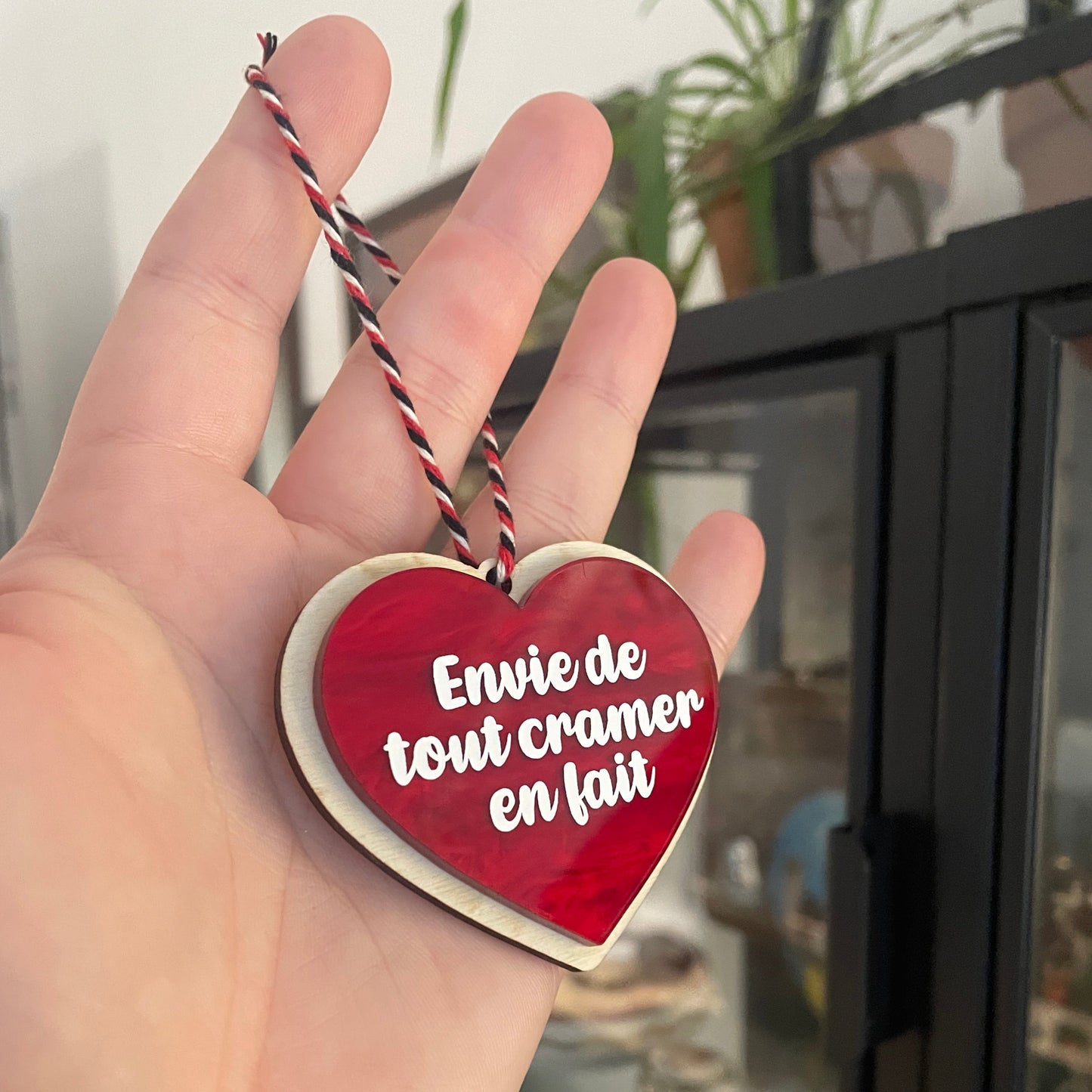 [CONTRÔLE TECHNIQUE] Mini décoration murale "Envie de tout cramer en fait" en acrylique marbrée rouge et bois