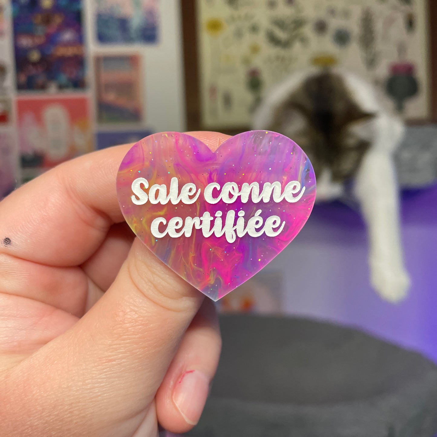 [Contrôle technique] Broche "Sale conne certifiée" en acrylique marbrée multicolore