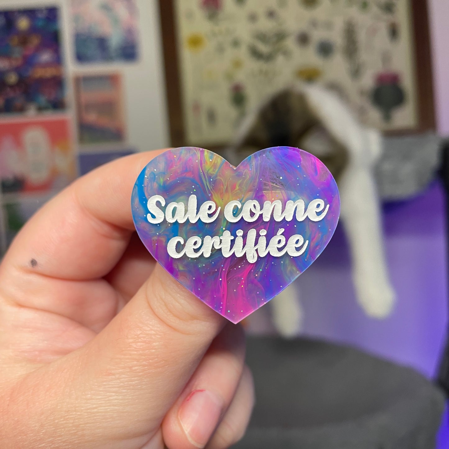 [Contrôle technique] Broche "Sale conne certifiée" en acrylique marbrée multicolore
