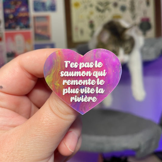 [Contrôle technique] Broche "T'es pas le saumon qui remonte le plus vite la rivière" en acrylique marbrée multicolore