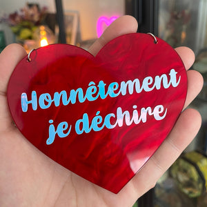 [Contrôle technique] Mini murale "Honnêtement je déchire" en acrylique marbrée rouge et vinyl holographique