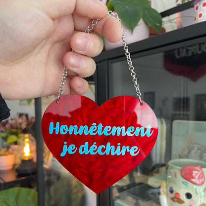 [Contrôle technique] Mini murale "Honnêtement je déchire" en acrylique marbrée rouge et vinyl holographique