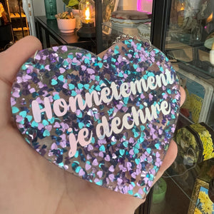 [Contrôle technique] Mini murale "Honnêtement je déchire" en acrylique avec des coeurs violets et turquoise et vinyl holographique