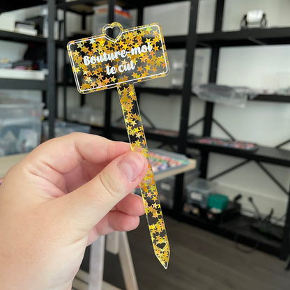 Pic à plante "Bouture-moi le cul" en acrylique transparente avec des étoiles dorées