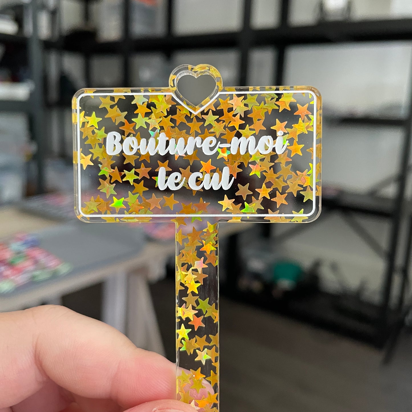 Pic à plante "Bouture-moi le cul" en acrylique transparente avec des étoiles dorées