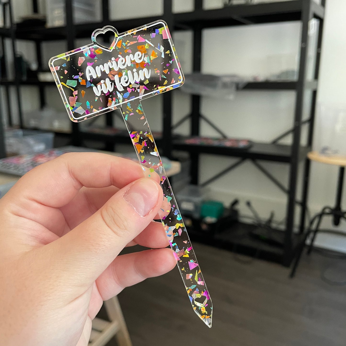 [CONTRÔLE TECHNIQUE] Pic à plante "Arrière, vil félin" en acrylique transparente avec des confettis multicolores