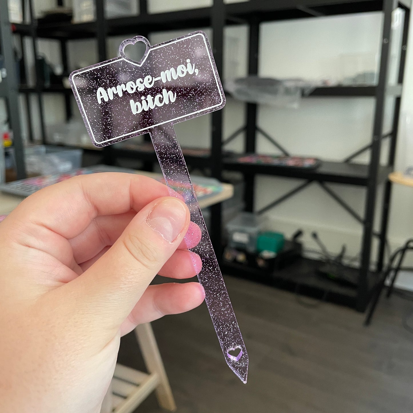 [CONTRÔLE TECHNIQUE] Pic à plante "Arrose-moi bitch" en acrylique transparente violette