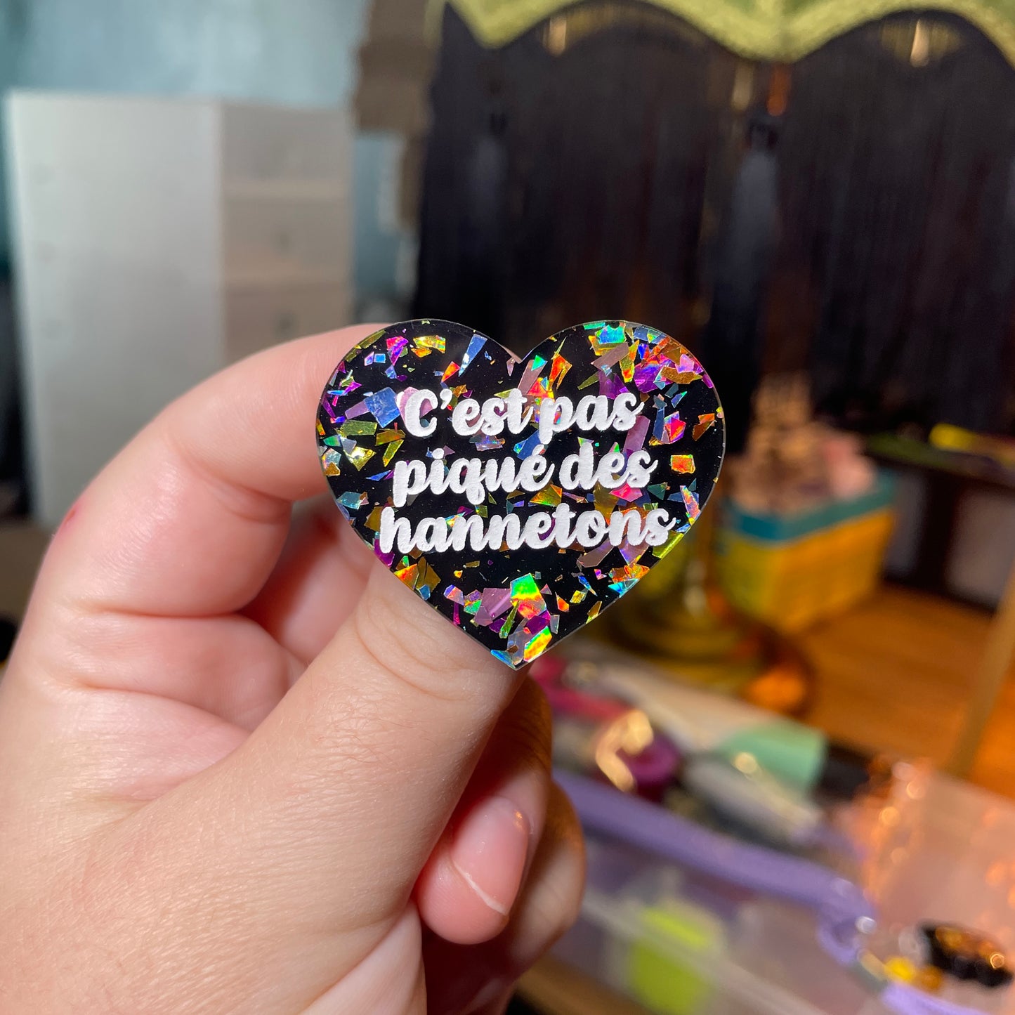 Broche "C'est pas piqué des hannetons" en acrylique noire avec des éclats de confettis multicolores