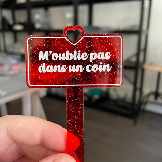 [CONTRÔLE TECHNIQUE] Pic à plante "M'oublie pas dans un coin" en acrylique transparente rouge