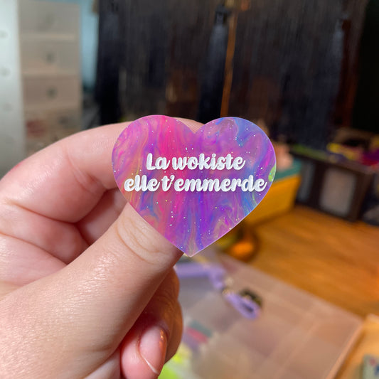 [Contrôle technique] Broche "La wokiste elle t'emmerde" en acrylique semi transparente marbrée multicolore