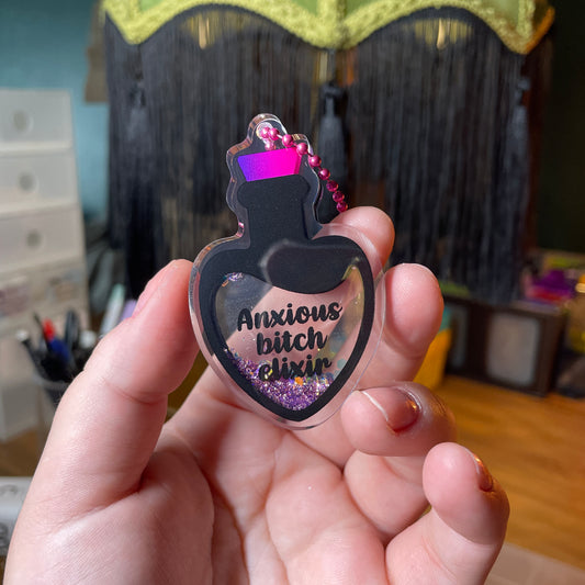 Porte-clés shaker rose "Anxious bitch elixir"