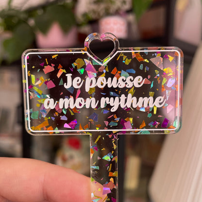 [CONTRÔLE TECHNIQUE] Pic à plante "Je pousse à mon rythme" en acrylique transparente avec des éclats de confettis multicolores