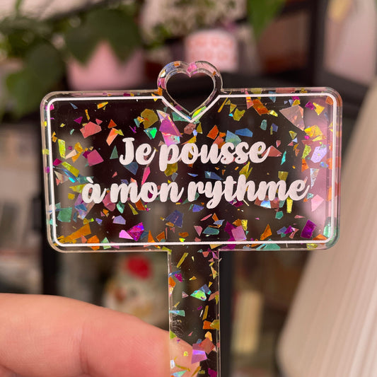 [CONTRÔLE TECHNIQUE] Pic à plante "Je pousse à mon rythme" en acrylique transparente avec des éclats de confettis multicolores