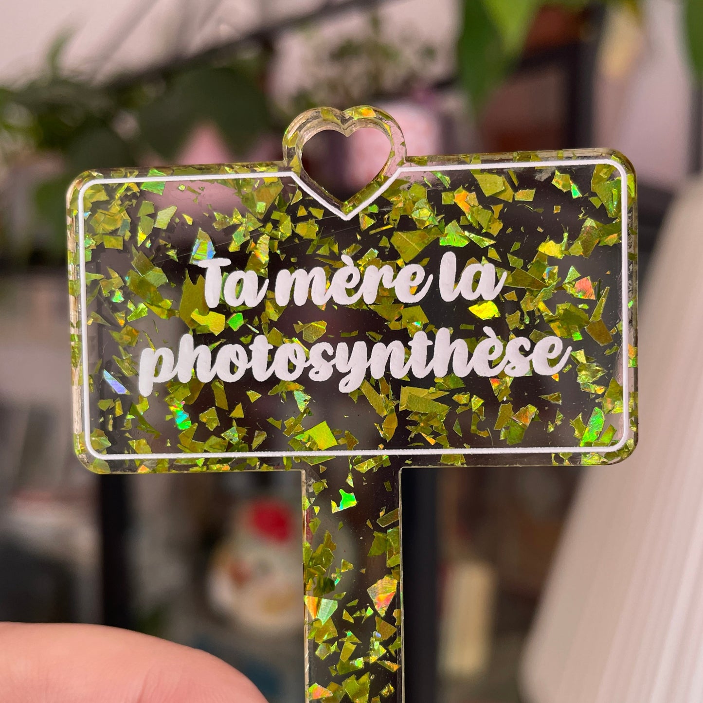 [CONTRÔLE TECHNIQUE] Pic à plante "Ta mère la photosynthèse" en acrylique transparente avec des éclats de confettis jaunes/verts