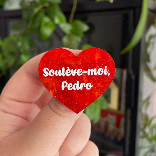 Broche "Soulève-moi Pedro" en acrylique marbrée orange à paillettes