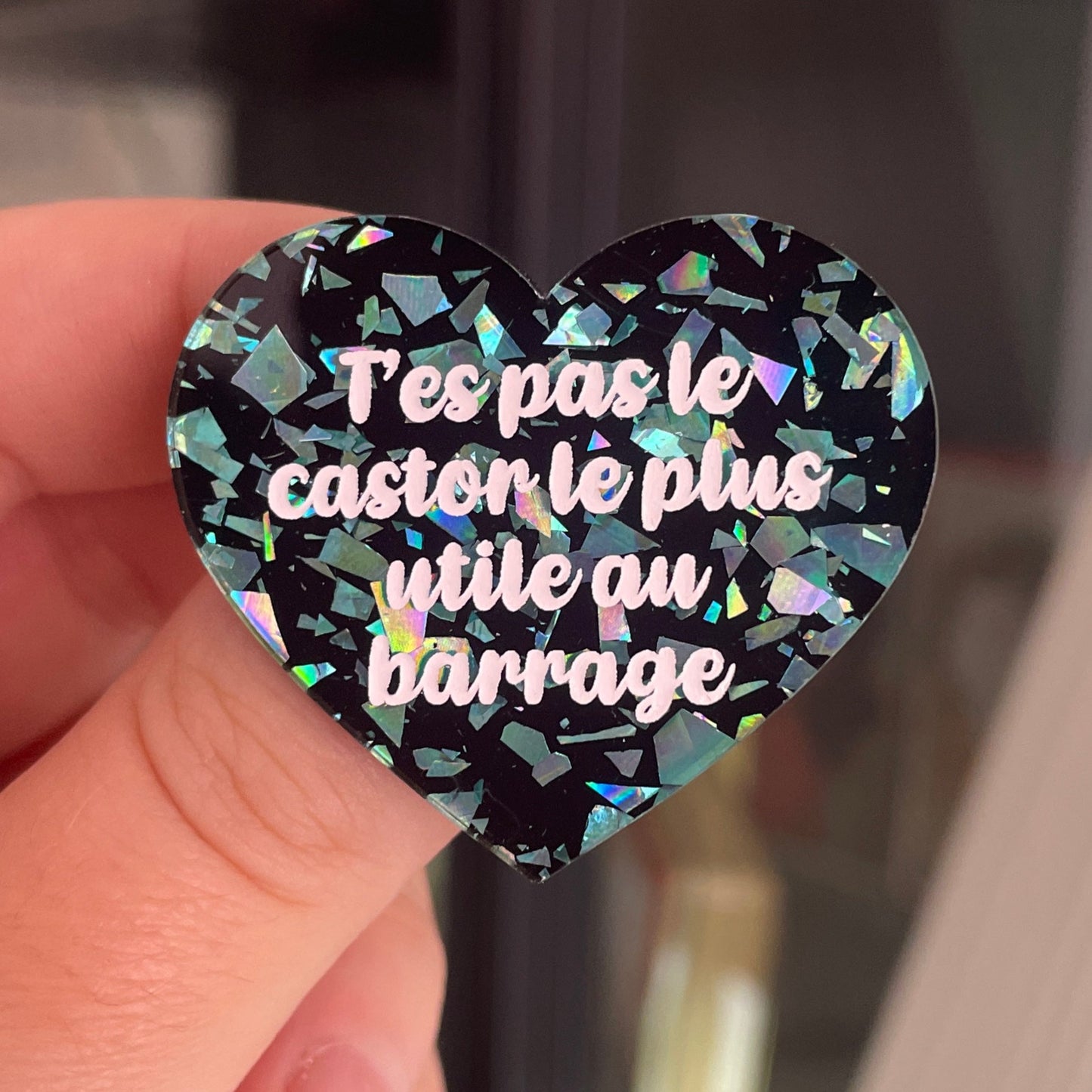 [CONTRÔLE TECHNIQUE] Broche "T'es pas le castor le plus utile au barrage" en acrylique noire avec des éclats de confettis turquoise