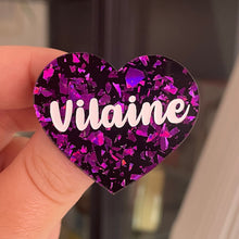 Charger l&#39;image dans la galerie, [CONTRÔLE TECHNIQUE] Broche &quot;Vilaine&quot; en acrylique noire avec des éclats de confettis violets