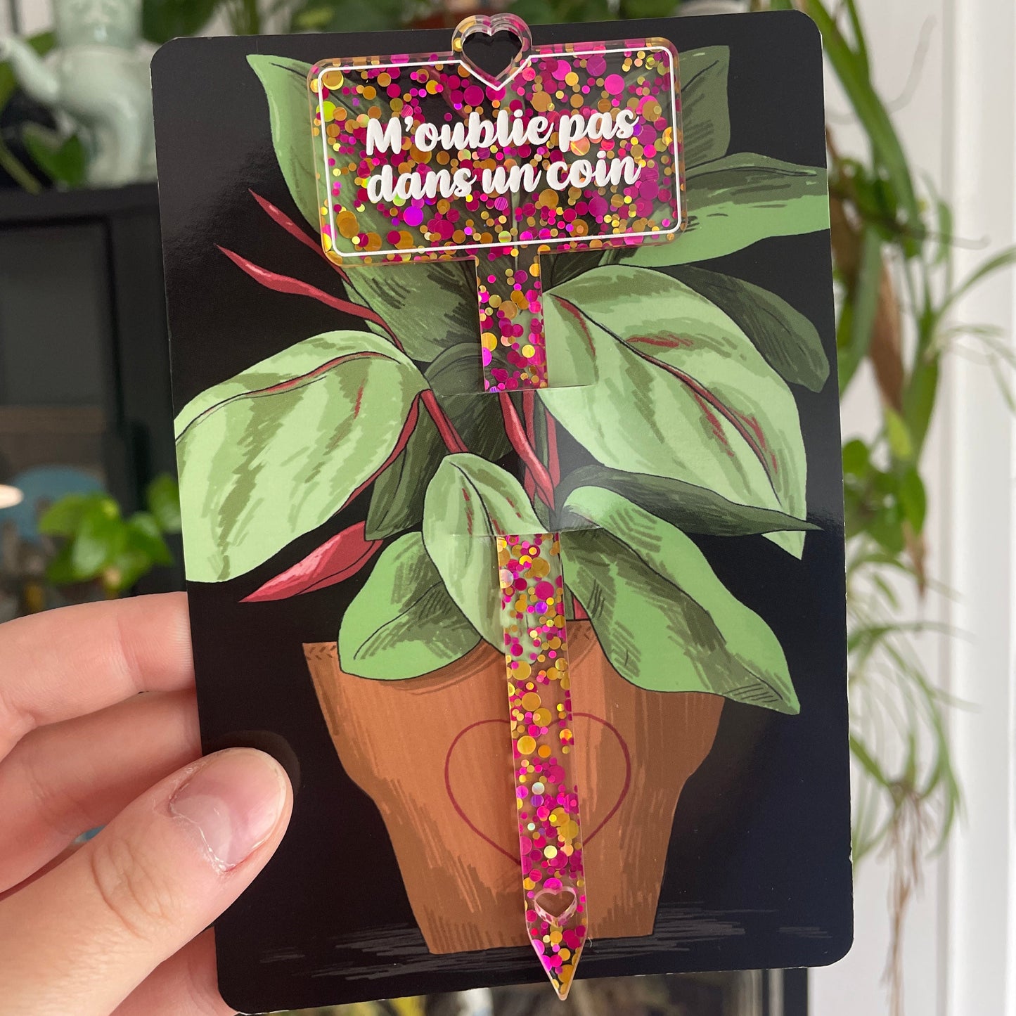 Pic à plante "M'oublie pas dans un coin" en acrylique à pois jaunes et roses