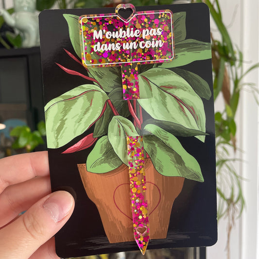 Pic à plante "M'oublie pas dans un coin" en acrylique à pois jaunes et roses