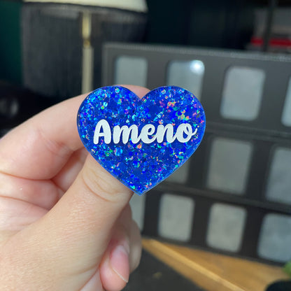 Duo de broches "Ameno" et "Dorime" en acrylique à paillettes bleues