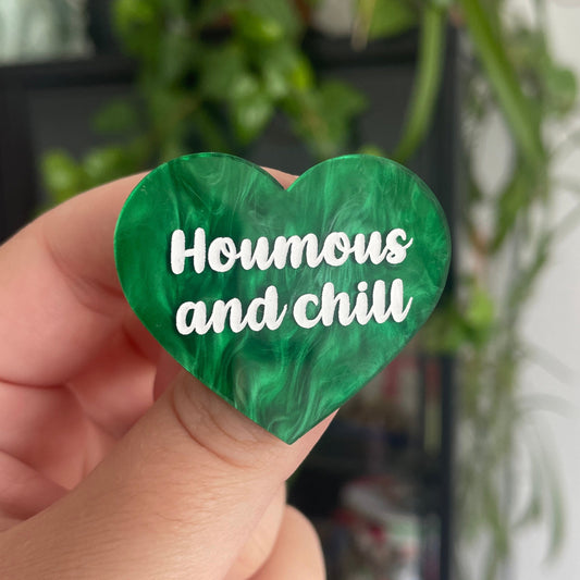 [CONTRÔLE TECHNIQUE] Broche "Houmous and chill" en acrylique marbrée verte