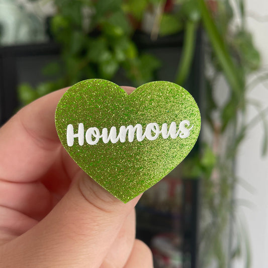 [CONTRÔLE TECHNIQUE] Broche "Houmous" en acrylique verte à paillettes