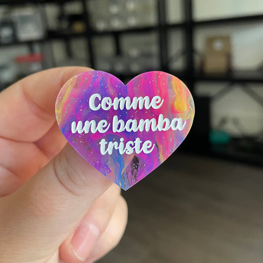 Broche "Comme une bamba triste" en acrylique semi transparente marbrée multicolore