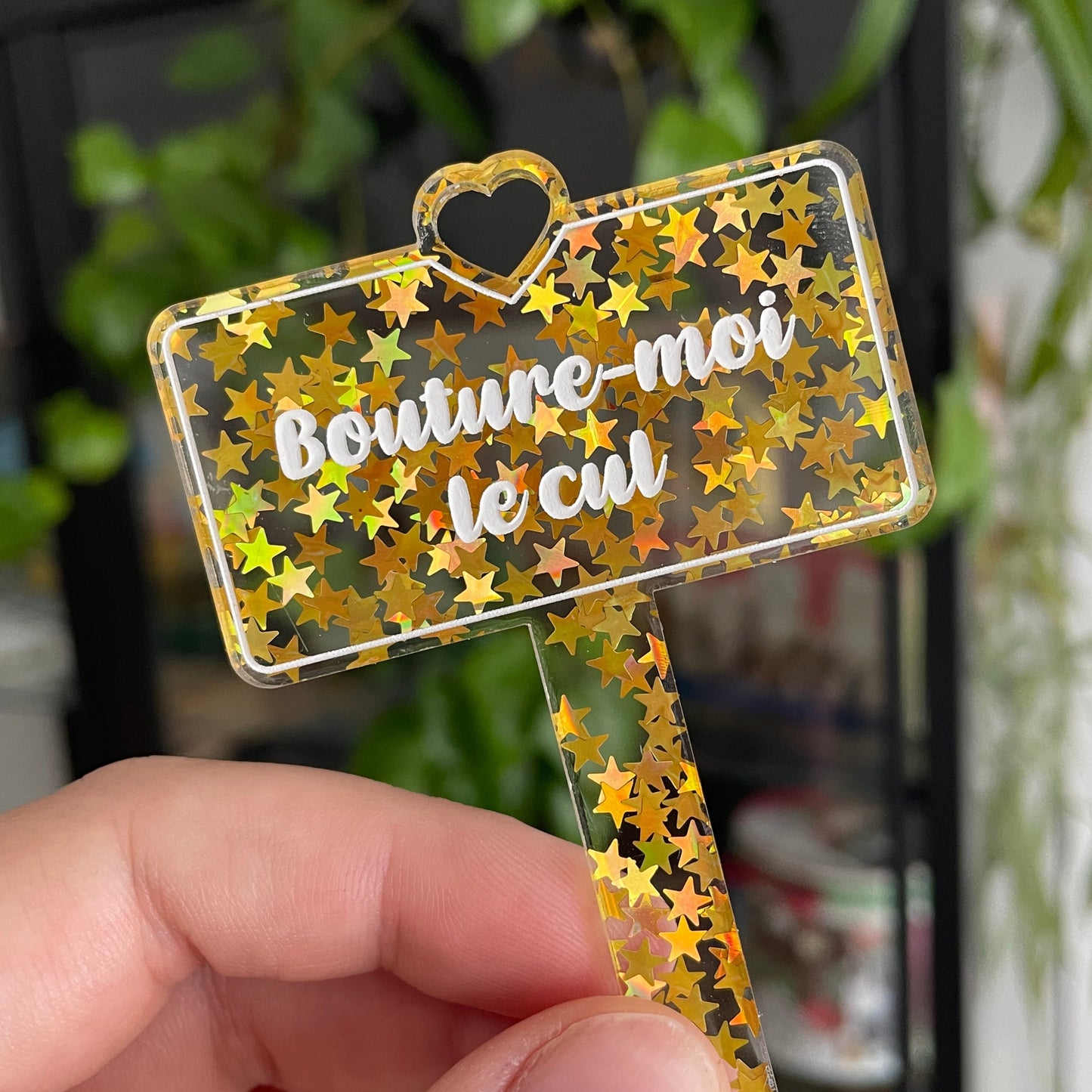 [CONTRÔLE TECHNIQUE] Pic à plante "Bouture-moi le cul" en acrylique transparente avec des paillettes étoiles