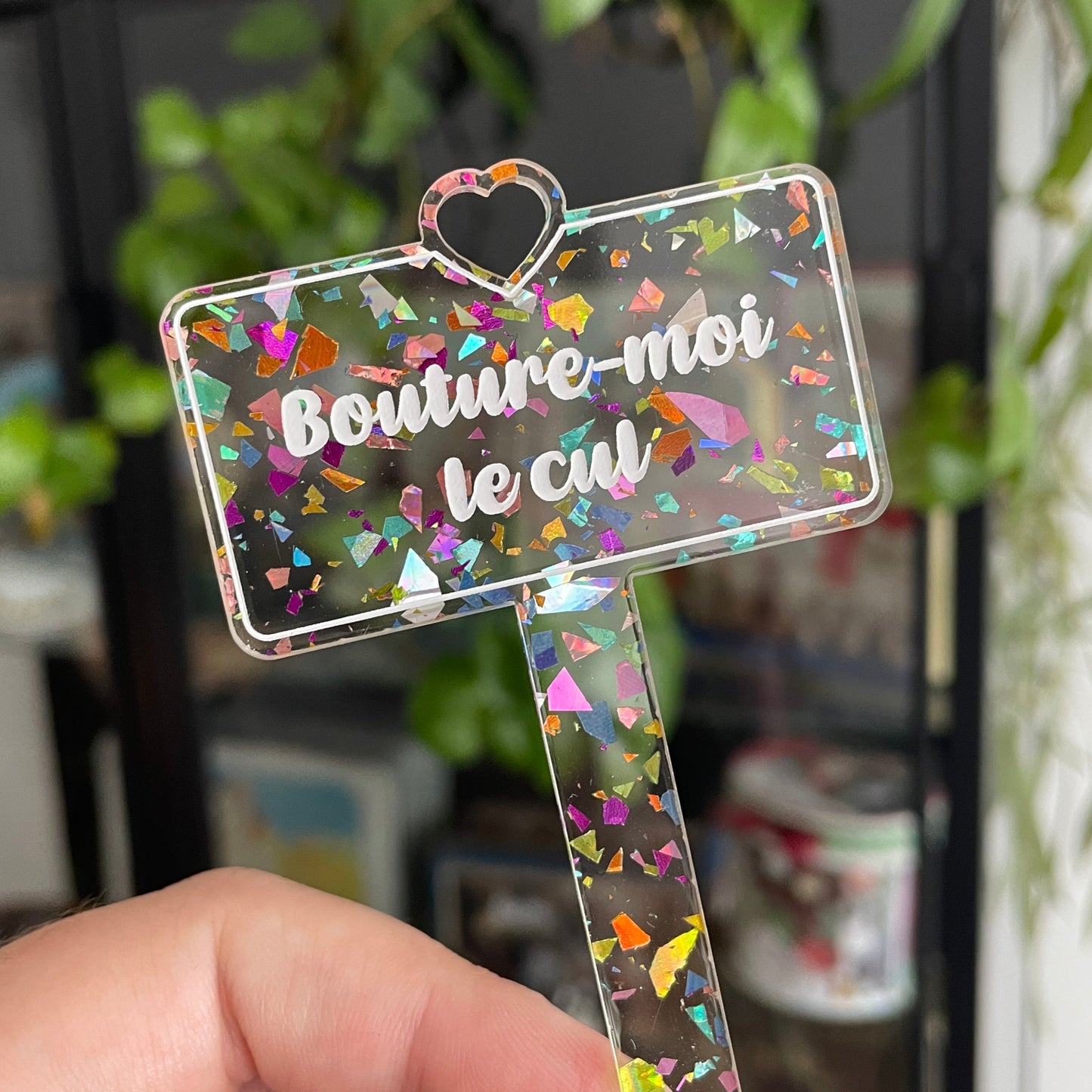 [CONTRÔLE TECHNIQUE] Pic à plante "Bouture-moi le cul" en acrylique transparente avec des éclats de confettis multicolores