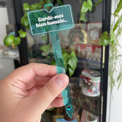 [CONTRÔLE TECHNIQUE] Pic à plante "Garde-moi bien humide" en acrylique transparente bleue à paillettes