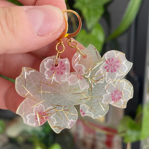 [VERSION GRANDE] Boucles d'oreilles fleurs pendantes en acrylique japonaise avec du tissu vert avec des fleurs de cerisiers