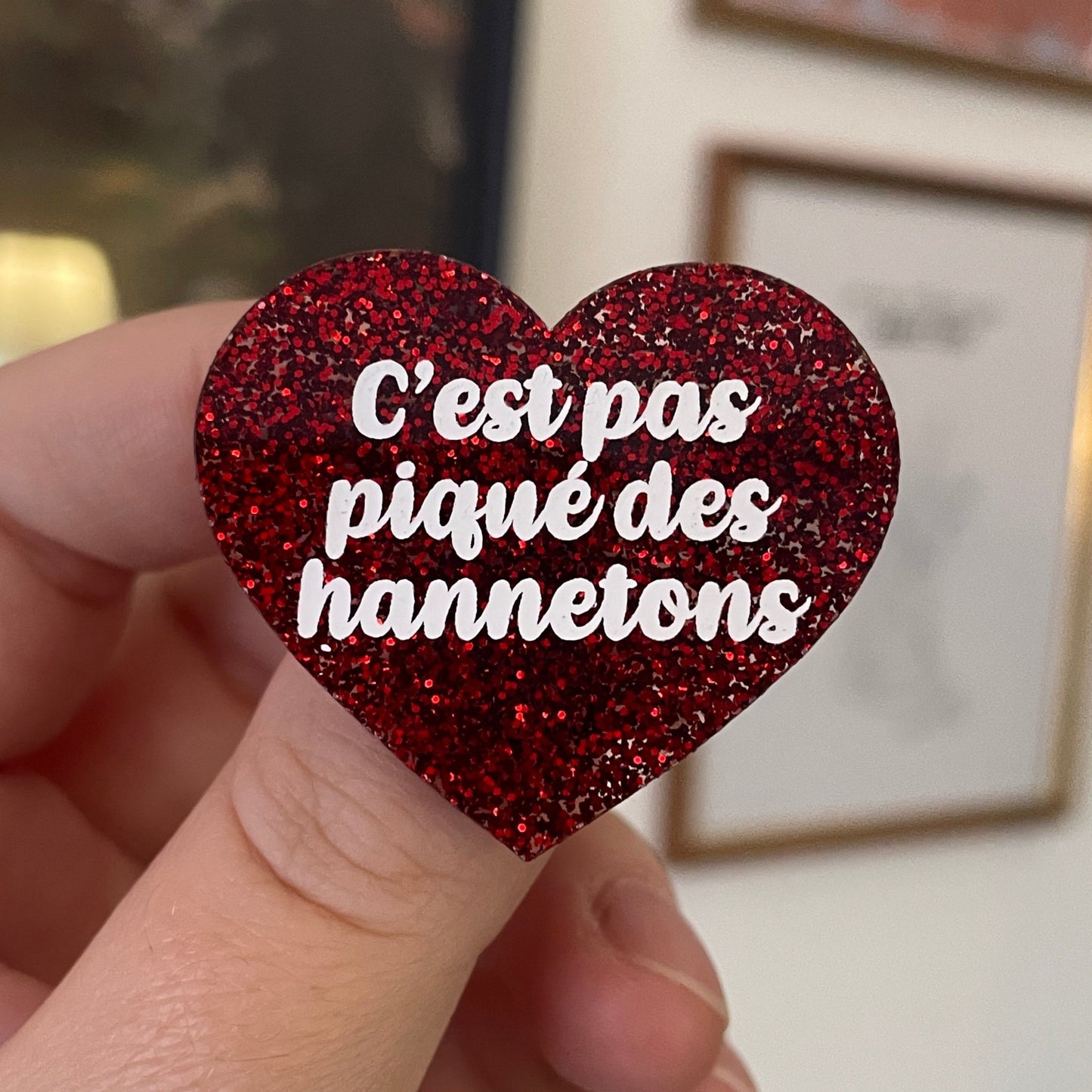 [CONTRÔLE TECHNIQUE] Broche "C'est pas piqué des hannetons" en acrylique à paillettes rouges