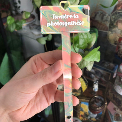 [CONTRÔLE TECHNIQUE] Pic à plante "Ta mère la photosynthèse" en acrylique marbrée jaune et orange