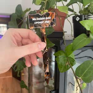 [CONTRÔLE TECHNIQUE] Pic à plante "Me laisse pas crever, stp" en acrylique marbrée orange, noire, blanche et transparente