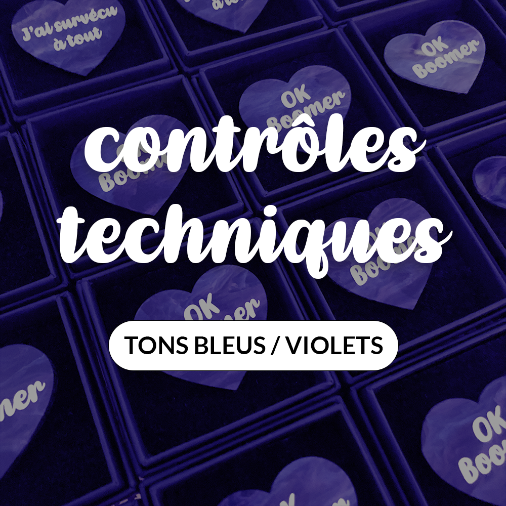 Broches "Contrôle technique" dans les tons bleus/violets