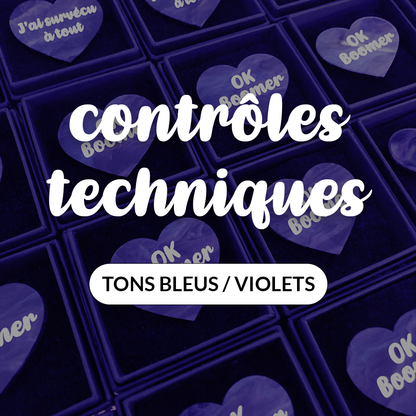 Broches "Contrôle technique" dans les tons bleus/violets