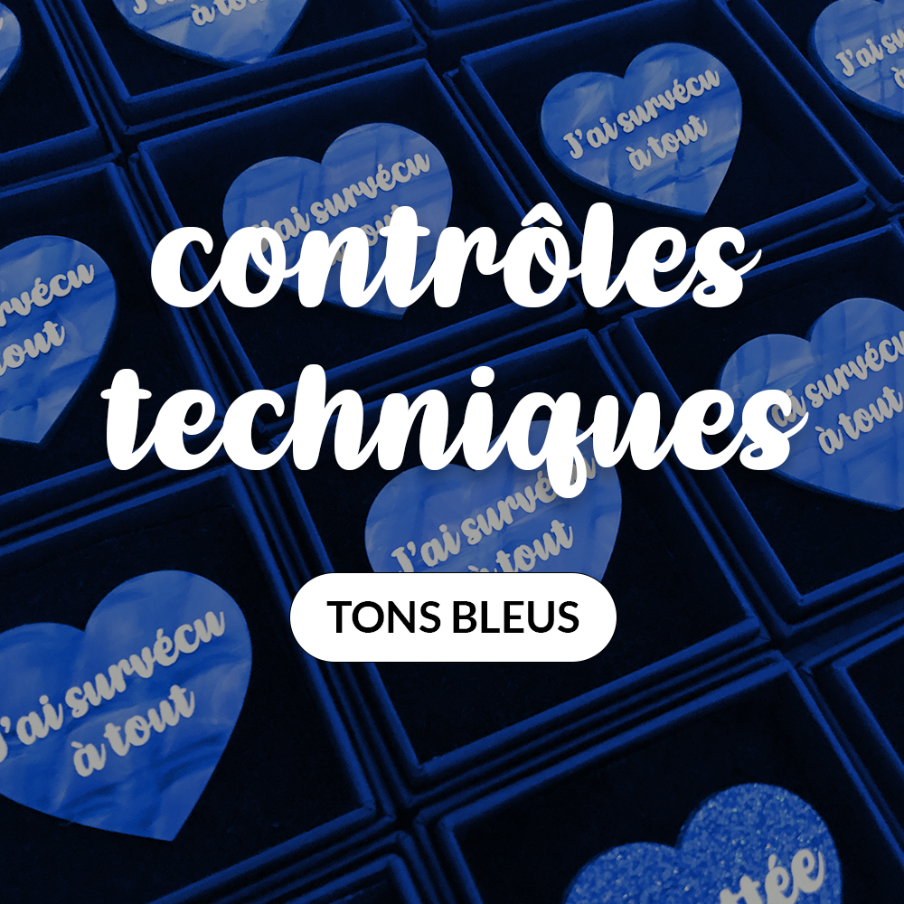 Broches "Contrôle technique" dans les tons bleus