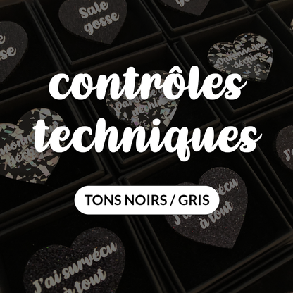Broches "Contrôle technique" dans les tons noirs/gris