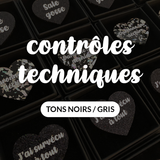 Broches "Contrôle technique" dans les tons noirs/gris