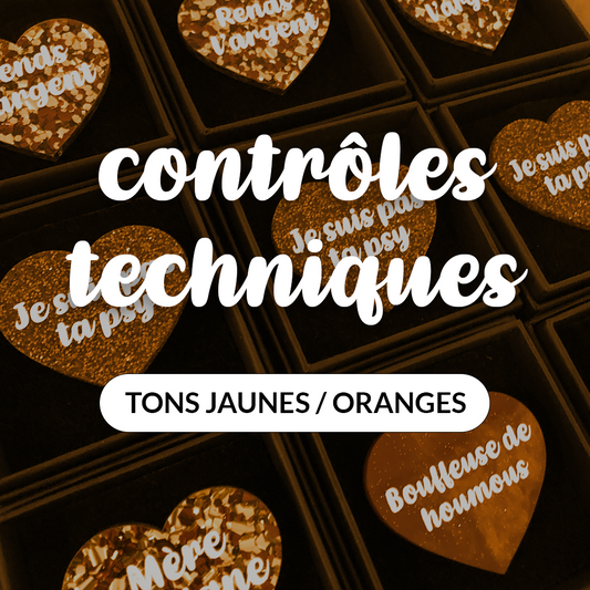 Broches "Contrôle technique" dans les tons jaunes/oranges