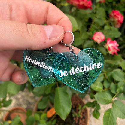 Boucles d'oreilles "Honnêtement" / "Je déchire" en acrylique transparente bleue à paillettes