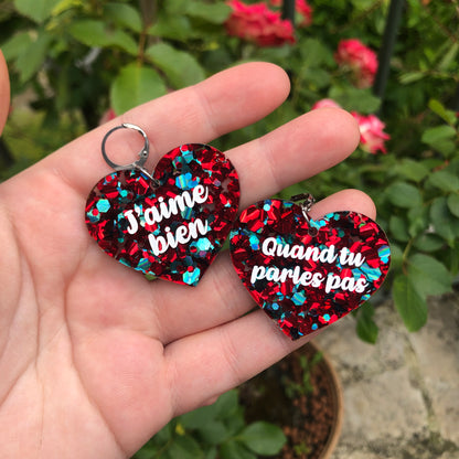 Boucles d'oreilles "J'aime bien" / "Quand tu parles pas" en acrylique à gros confettis rouges et turquoise