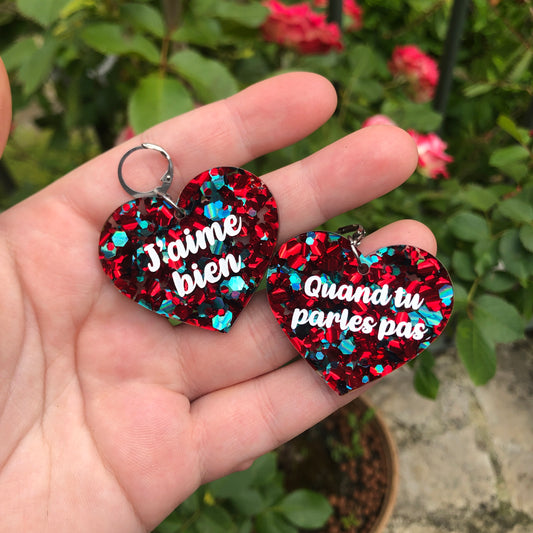 Boucles d'oreilles "J'aime bien" / "Quand tu parles pas" en acrylique à gros confettis rouges et turquoise
