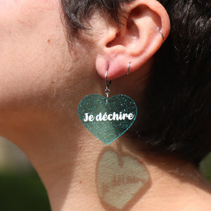 Boucles d'oreilles "Honnêtement" / "Je déchire" en acrylique transparente bleue à paillettes