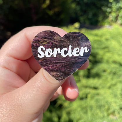 [MASCULIN] Broche "Sorcier" en acrylique marbrée noire, dorée et violette