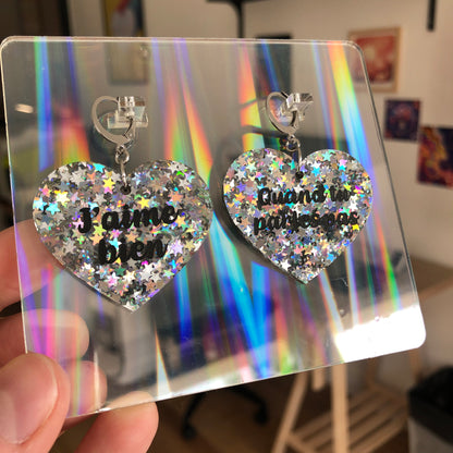 Boucles d'oreilles "J'aime bien" / "Quand tu parles pas" en acrylique à confettis étoiles iridescentes
