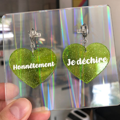 Boucles d'oreilles "Honnêtement" / "Je déchire" en acrylique transparente verte à paillettes