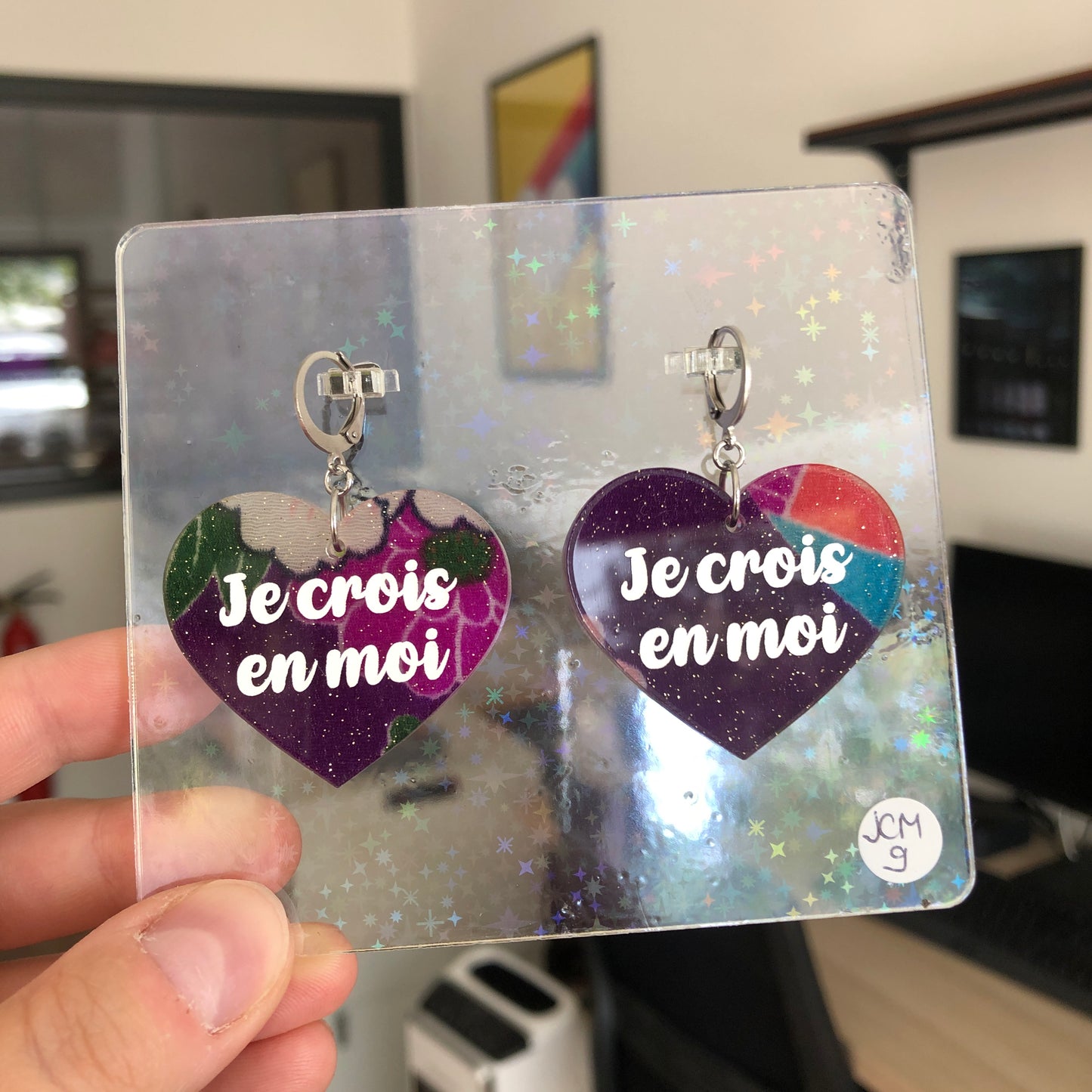 Boucles d'oreilles "Je crois en moi" en acrylique japonaise bleue/violette